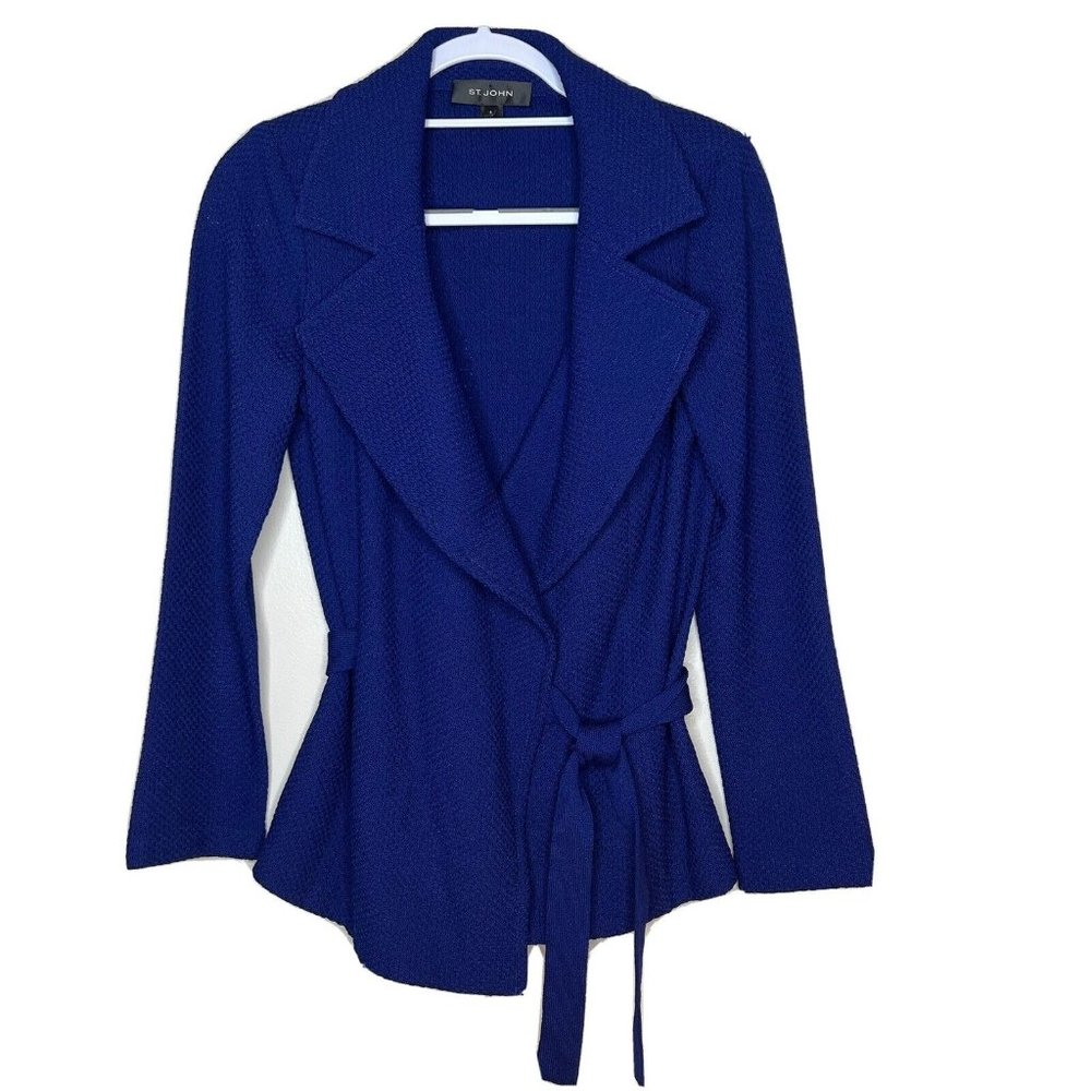 st john blazer belted knit size 6 womens blue knit made USA